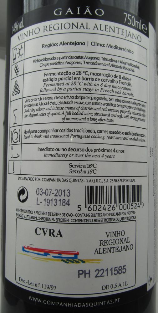Companhia das Quintas SAQRC S.A. GAIÃO Vinho Regional Alentejano 2012, Обратная, #1013