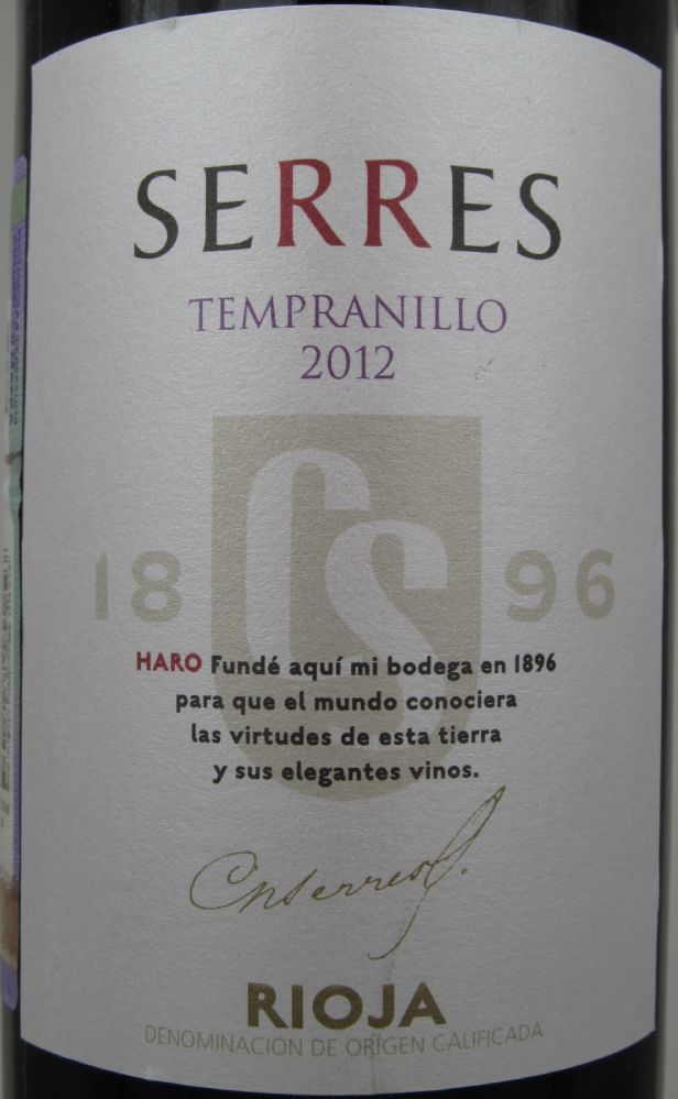 Bodegas Carlos Serres S.A. Tempranillo DOCa Rioja 2012, Лицевая, #1134