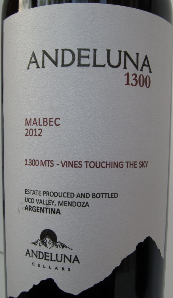 Andeluna Cellars S.R.L. 1300 Malbec 2012, Лицевая, #1308