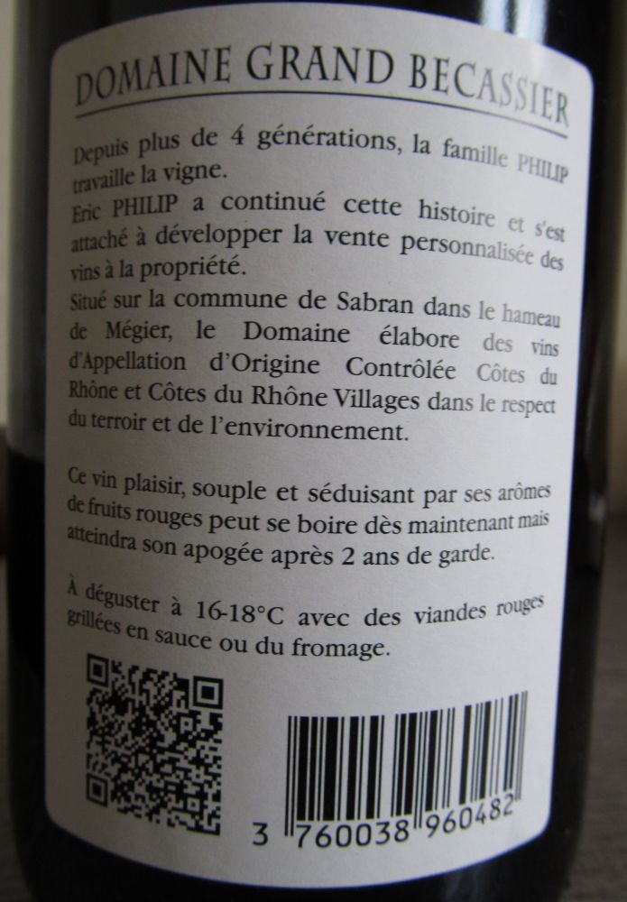E.A.R.L. Philip Ladet Domaine Grand Becassier Vieilles Vignes Côtes du Rhône AOC/AOP 2009, Обратная, #1371