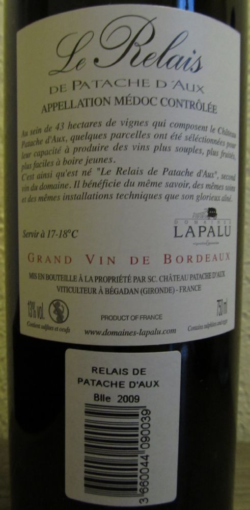SC. Château Patache d'Aux Le Relais de Patache d'Aux Médoc AOC/AOP 2009, Обратная, #1375