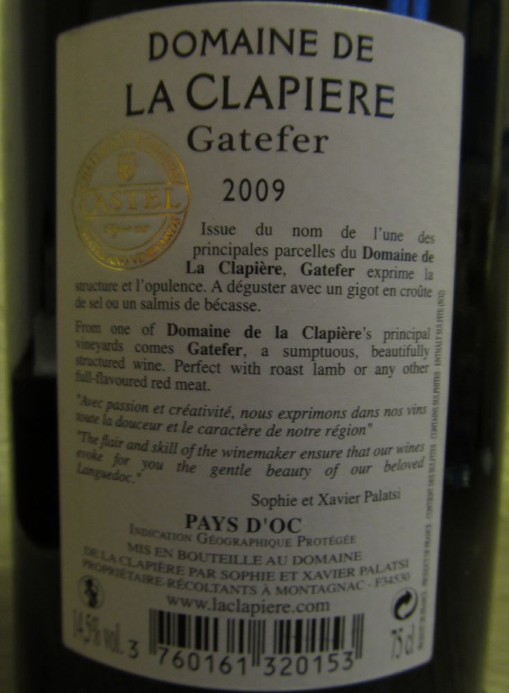 Domaine de la Clapière Catefer Pays d'Oc IGP 2009, Обратная, #1378