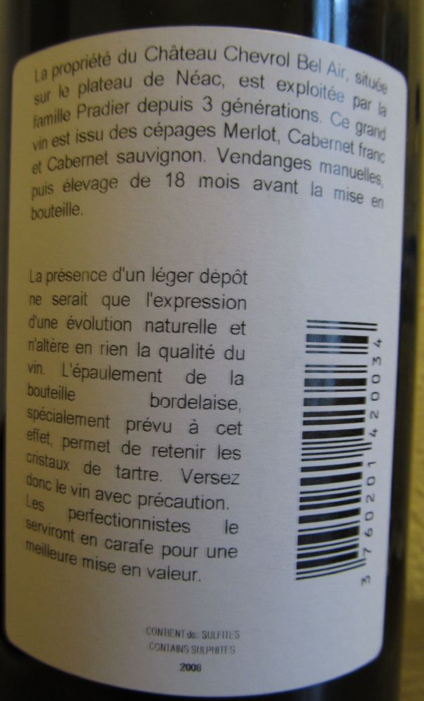 SCEA Pradier Château Chevrol Bel Air Lalande-de-Pomerol AOC/AOP 2008, Обратная, #1380