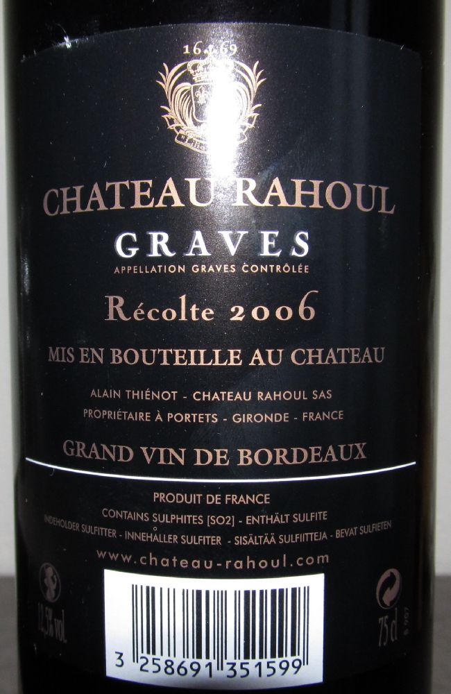 Alain Thiénot - Château Rahoul SAS Chateau Rahoul Graves AOC/AOP 2006, Обратная, #1382