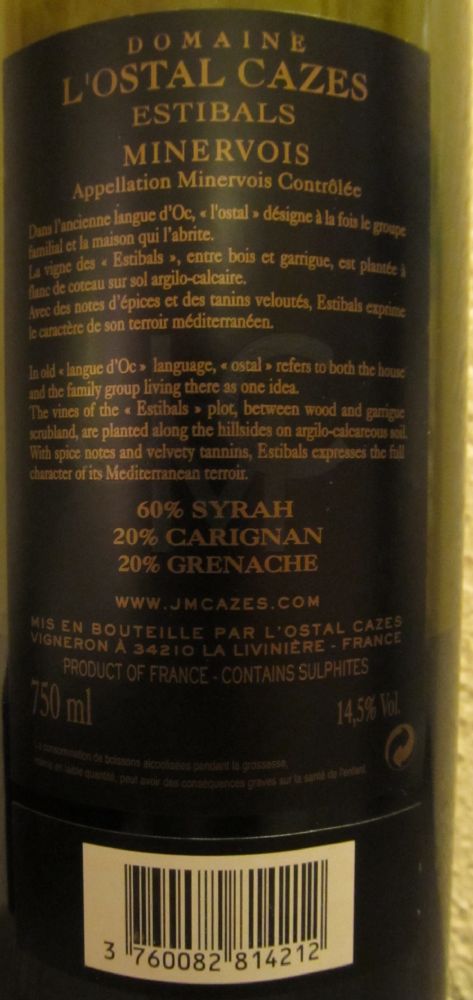 L’Ostal Cazes Domaine L'Ostal Cazes Estibals Minervois AOC/AOP 2008, Обратная, #1385