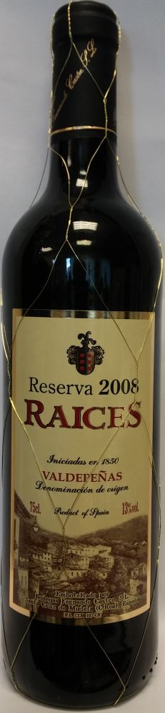 Bodegas Fernando Castro S.L. Raices Reserva DO Valdepeñas 2008, Лицевая, #1497