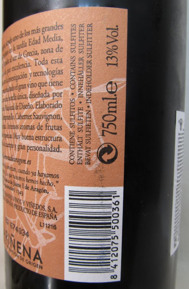 Grandes Vinos y Viñedos S.A. Corona de Aragón Reserva DO Cariñena 2006, Обратная, #153