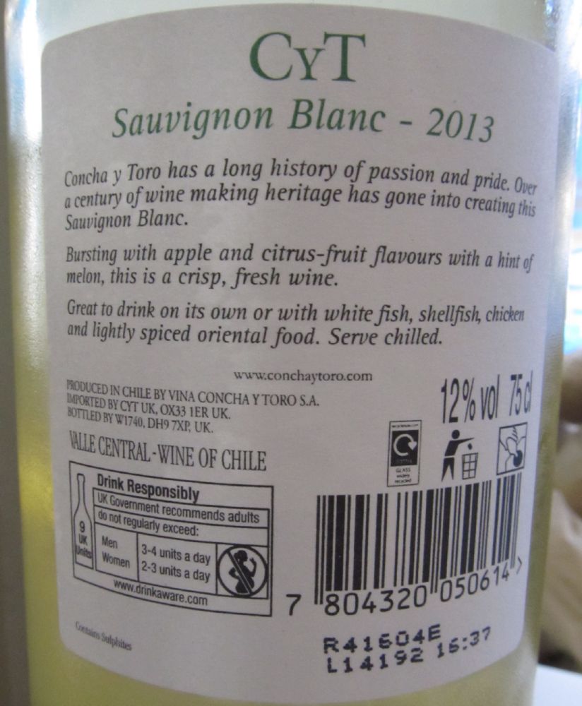 Viña Concha y Toro S.A. CyT Sauvignon Blanc 2013, Обратная, #1810