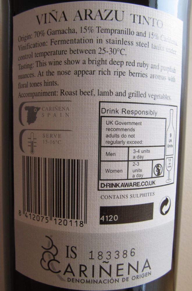 Grandes Vinos y Viñedos S.A. Viña Arazu DO Cariñena 2012, Обратная, #1832
