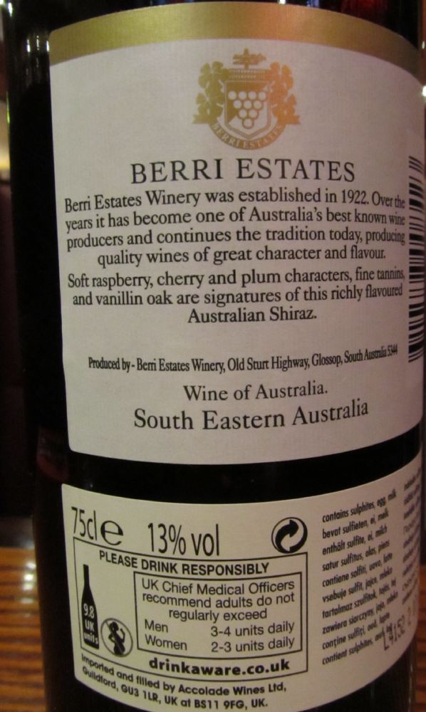 Berri Estates Winery Shiraz 2013, Обратная, #1840