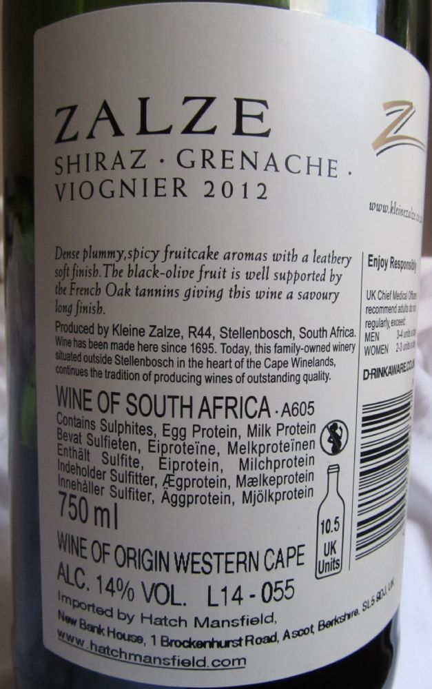 Kleine Zalze Shiraz Grenache Viognier 2012, Обратная, #1845