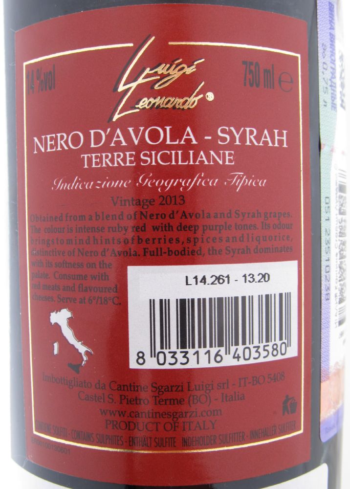 Cantine Sgarzi Luigi s.r.l. Luigi Leonardo Nero d'Avola Syrah Terre Siciliane IGT 2013, Обратная, #2103