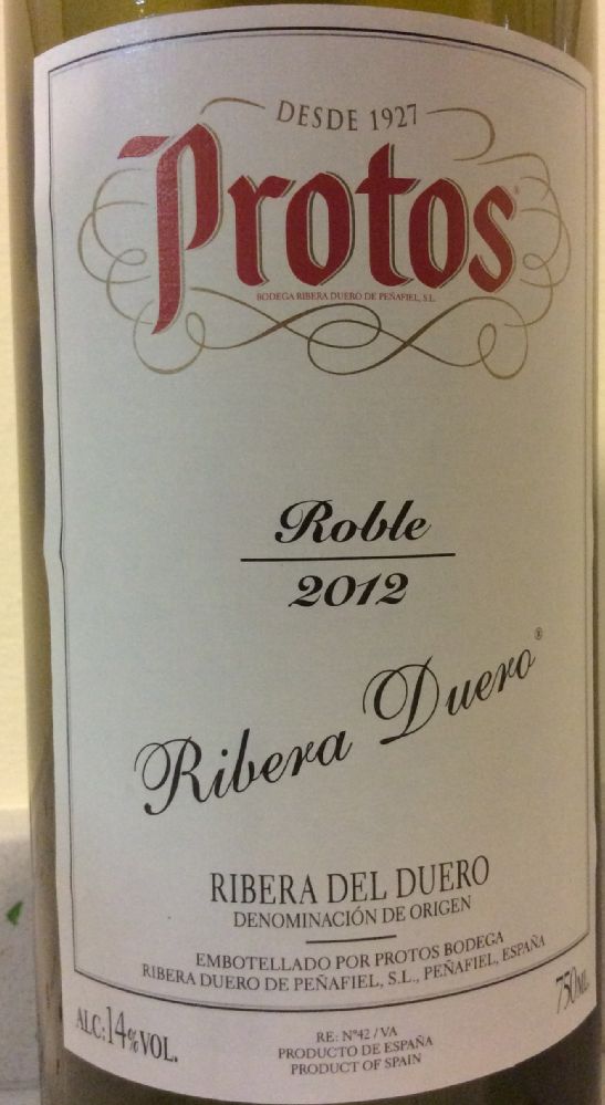 Protos Bodega Ribera Duero de Peñafiel S.L. Roble DO Ribera del Duero 2012, Основная, #2350