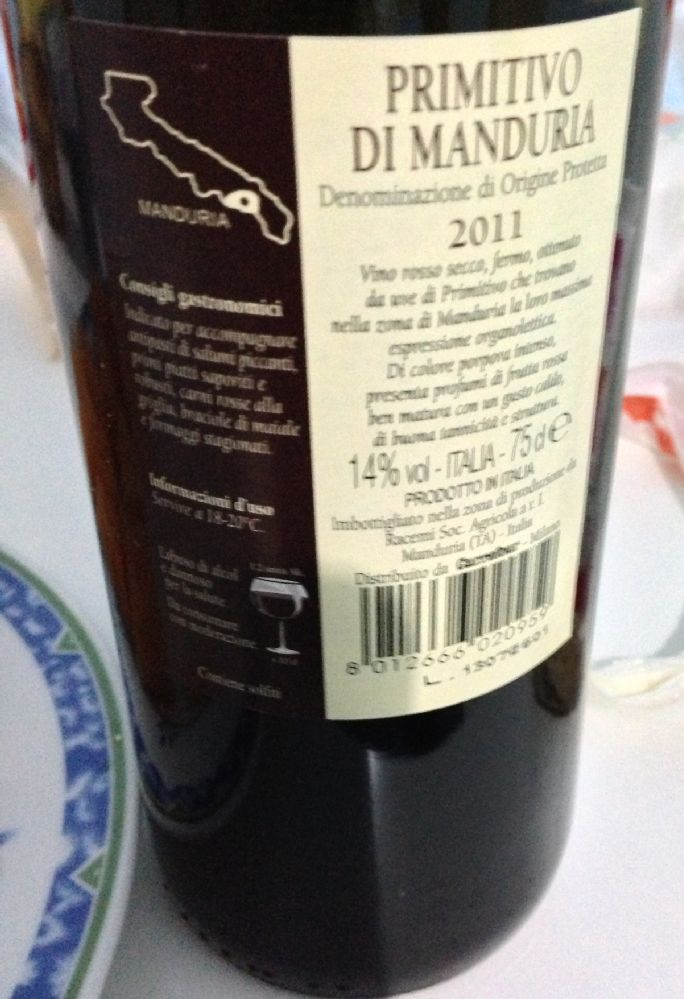 Azienda Agricola RACEMI Soc. Agr. Srl al Tralcio Antico Primitivo di Manduria DOC 2011, Обратная, #266