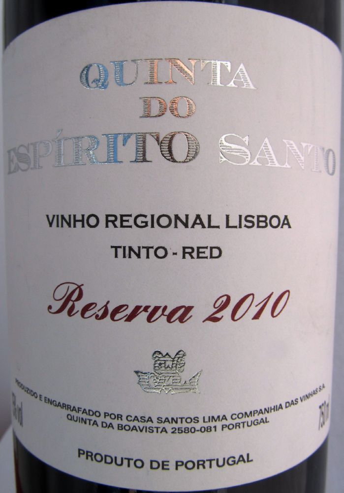 Casa Santos Lima Companhia das Vinhas S.A. Quinta do Espírito Santo Reserva Vinho Regional Lisboa 2010, Основная, #2758