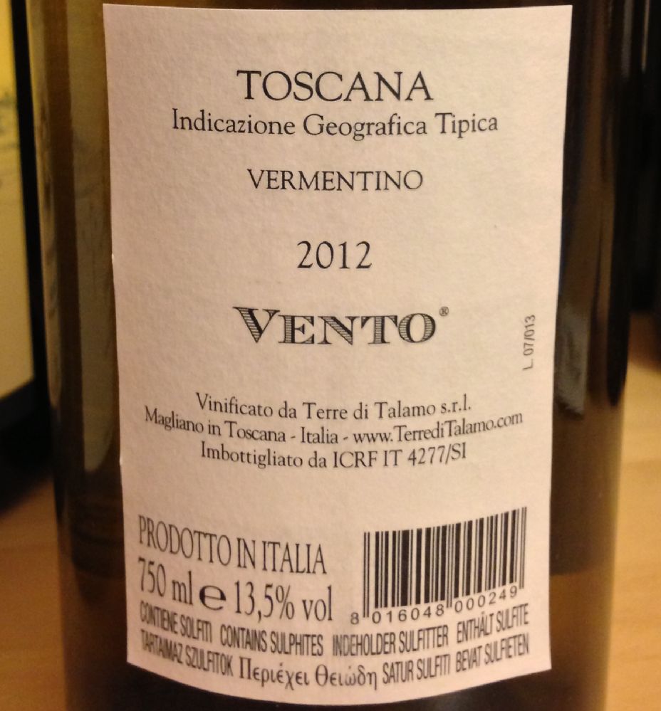 Terre di Talamo s.r.l. Vento Vermentino Toscana IGT 2012, Обратная, #280