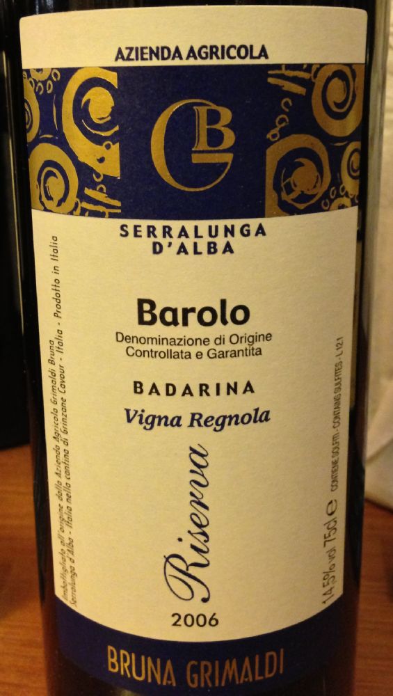 Azienda Agricola Grimaldi Bruna BADARINA Regnola Barolo Riserva DOCG 2006, Лицевая, #305