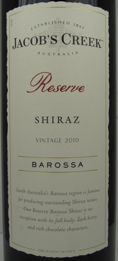 Orlando Wines Jacob's Creek Reserve Shiraz 2010, Лицевая, #45