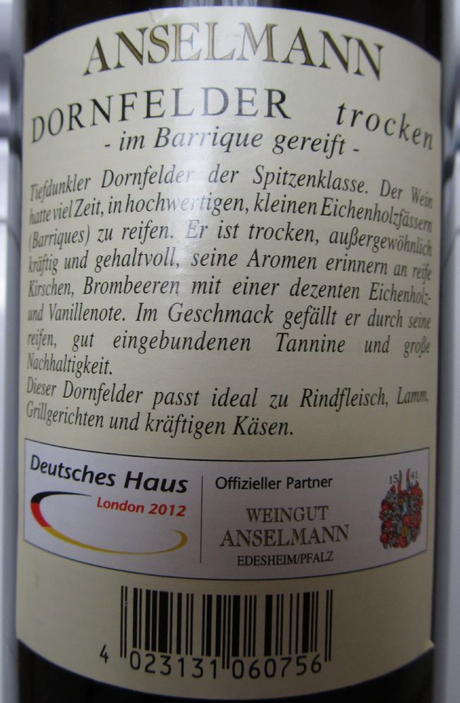 Weingut Anselmann in Barrique gereift Dornfelder 2010, Обратная, #550