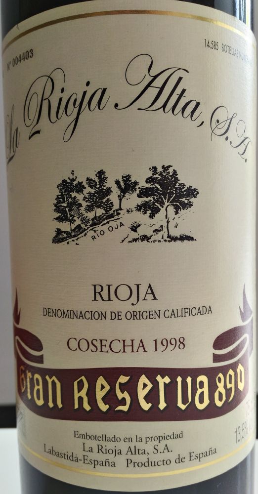 La Rioja Alta S.A. Gran Reserva 890 DOCa Rioja 1998, Основная, #7000
