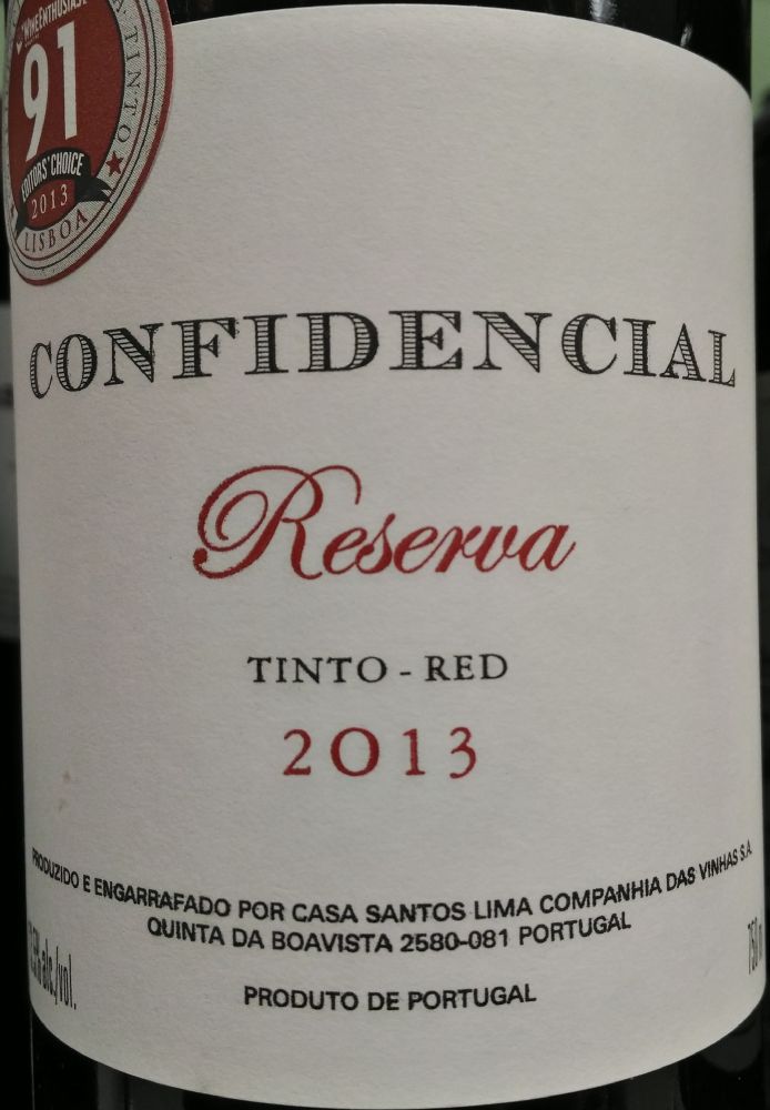 Casa Santos Lima Companhia das Vinhas S.A. Confidencial Reserva Vinho Regional Lisboa 2013, Основная, #7397