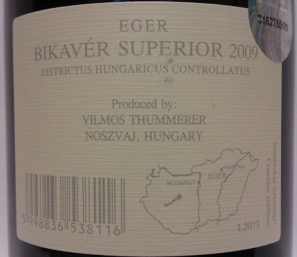 VILMOS THUMMERER Egri Bikavér Superior 2009, Обратная, #899